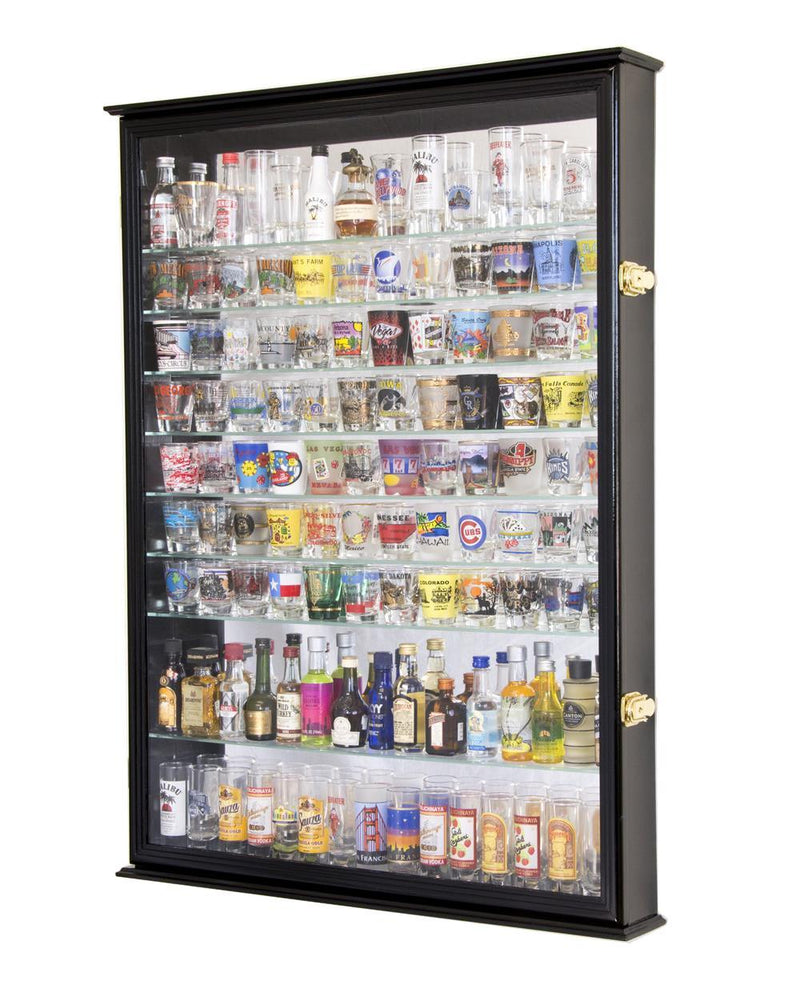 XL Mirror Backed and 11 Glass Shelves Shot Glasses Display Case Cabinet - sfDisplay.com