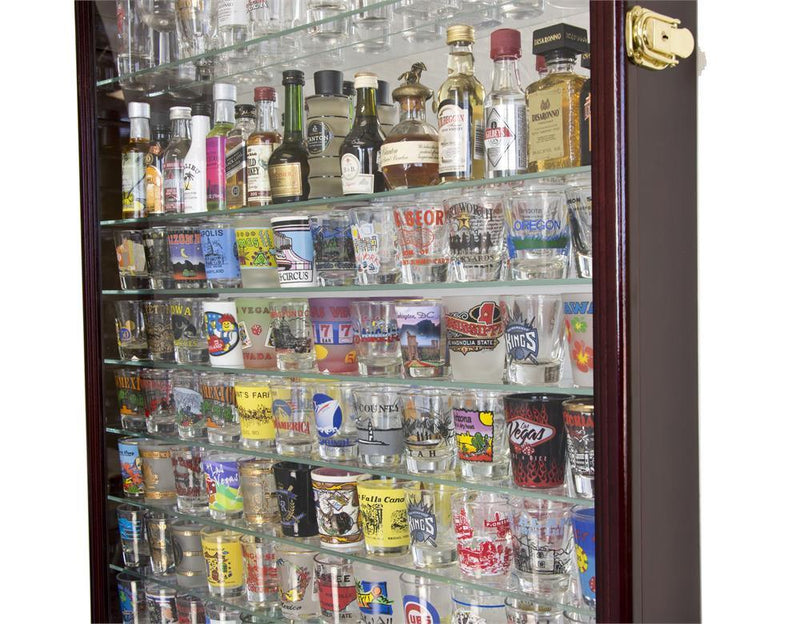 XL Mirror Backed and 11 Glass Shelves Shot Glasses Display Case Cabinet