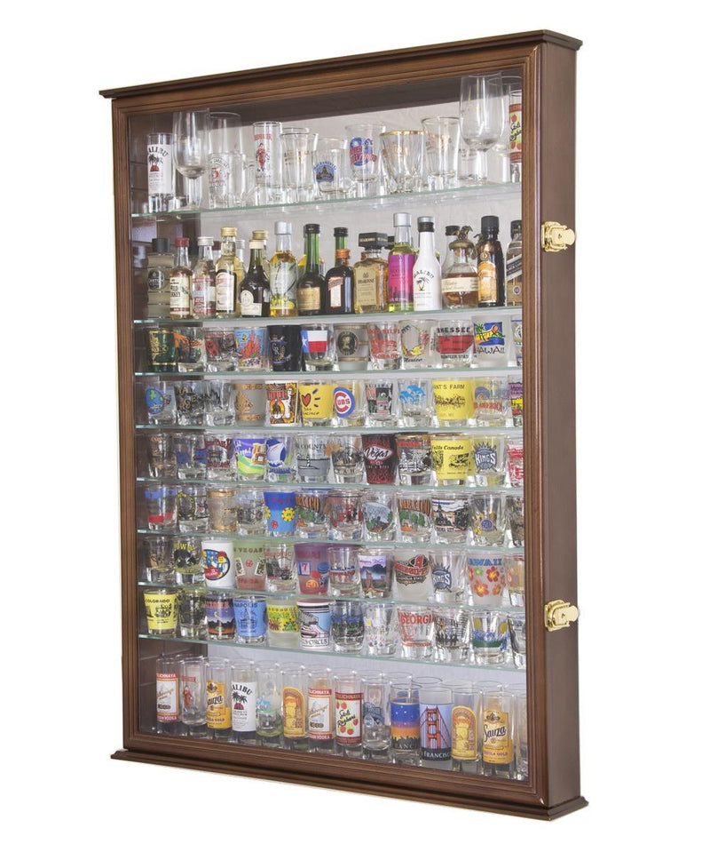 XL Mirror Backed and 11 Glass Shelves Shot Glasses Display Case Cabinet