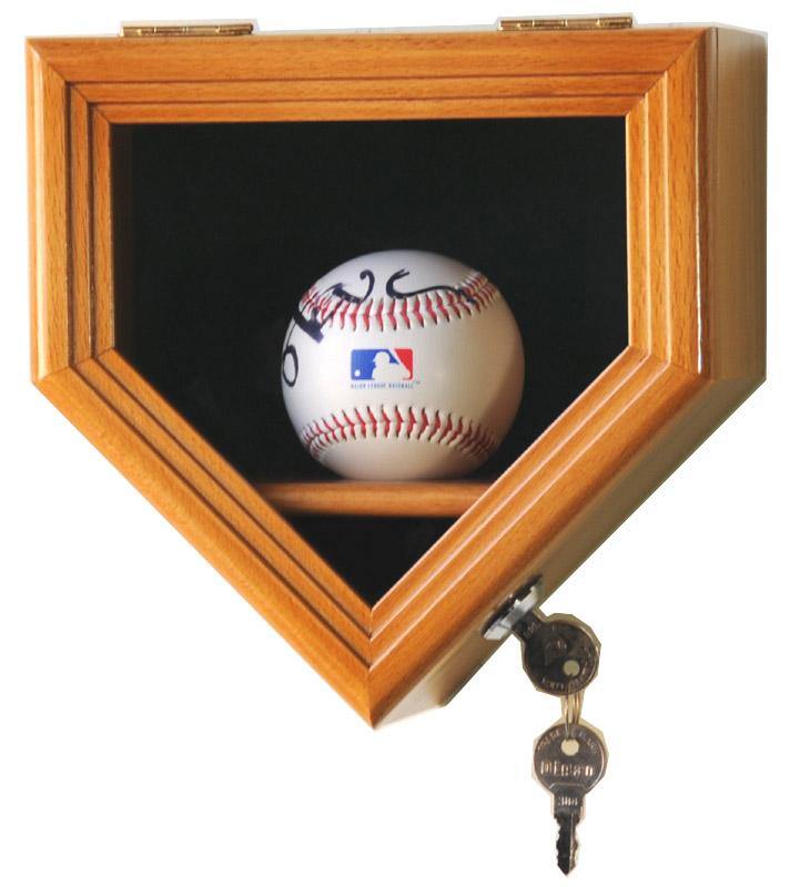 1 Baseball Ball Display Case Cabinet - Home Plate Shaped - Oak with Key - sfDisplay.com